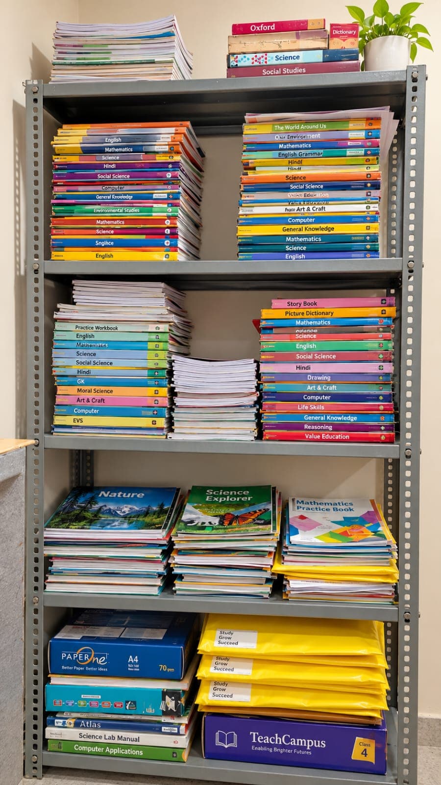 Shelves stacked with textbooks and workbooks
