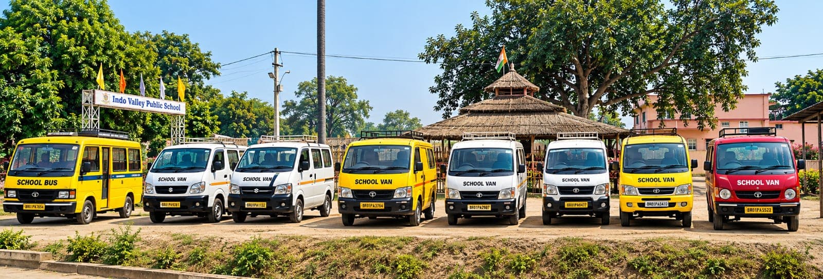The Indo Valley Public School transport fleet parked at the depot